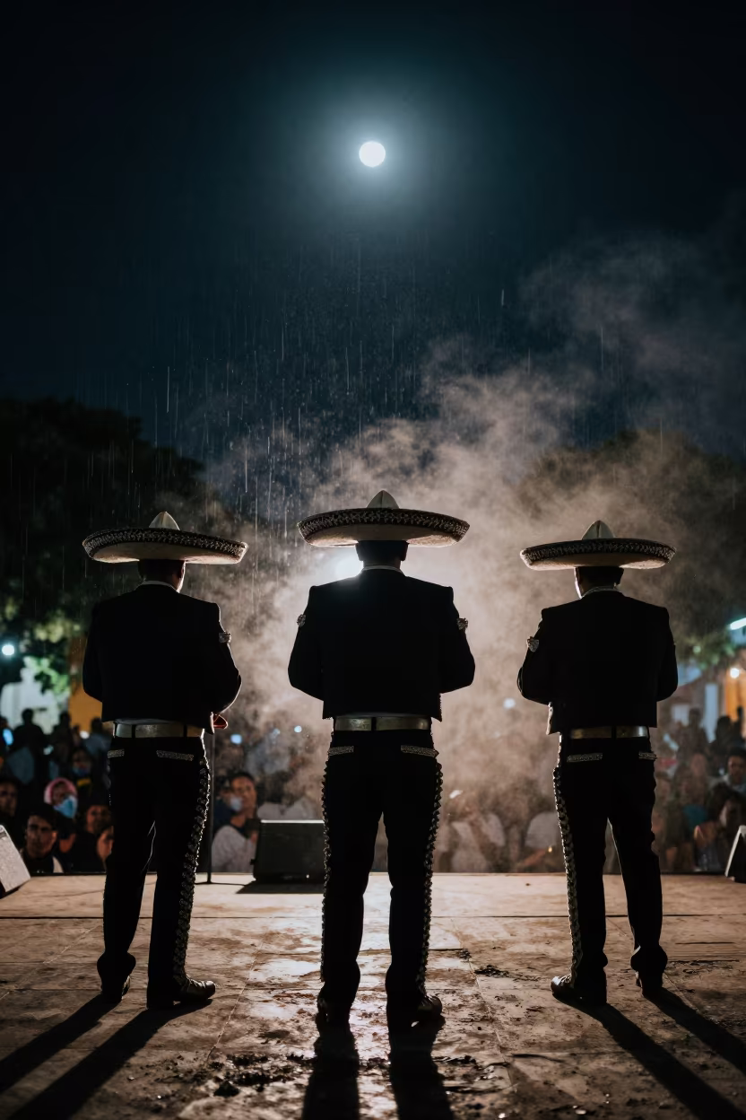 Silhouetted Mariachi Trio Under Moonlight in Puebla in on an outdoor festival stage in Puebla