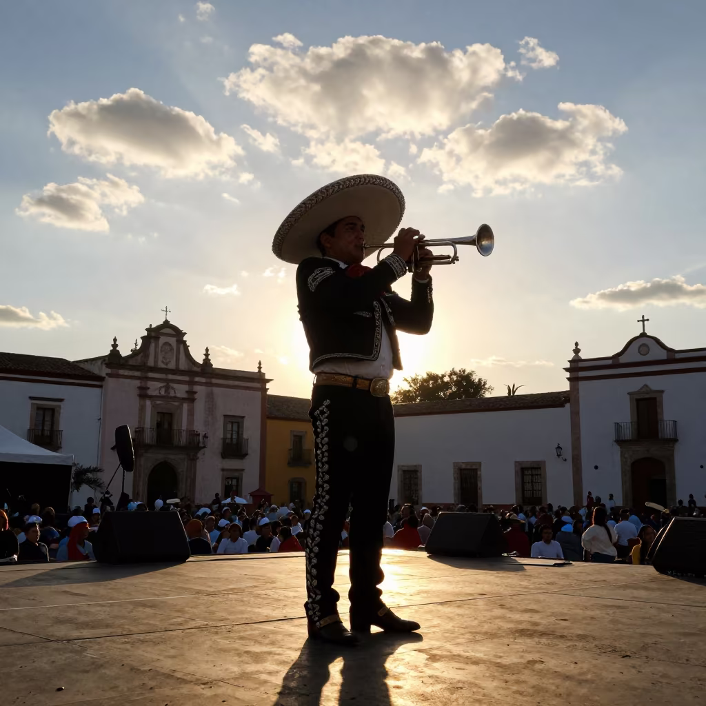 Silhouetted Mariachi Trumpet Player in Oaxaca Plaza in on an outdoor festival stage in Oaxaca