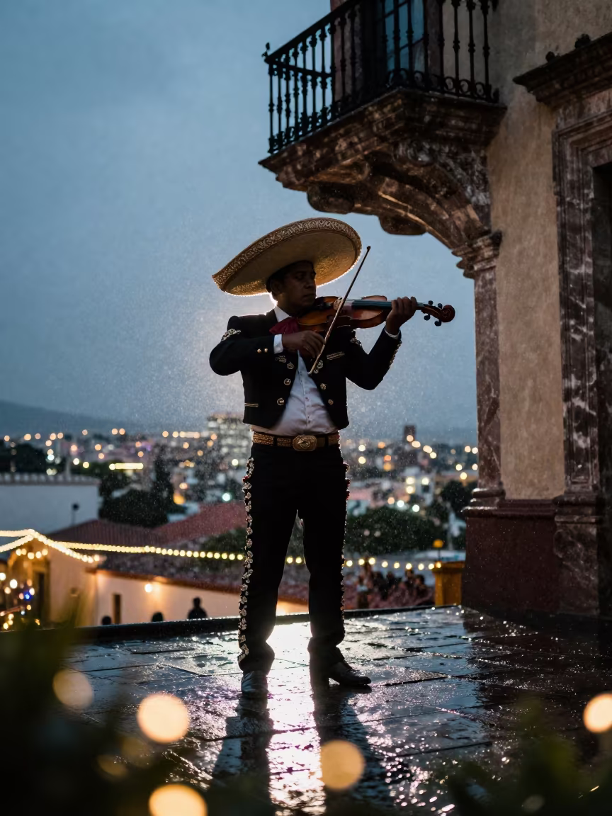 Silhouetted Mariachi Violinist Under Balcony in at the edge of a ceremonial ground in Puebla
