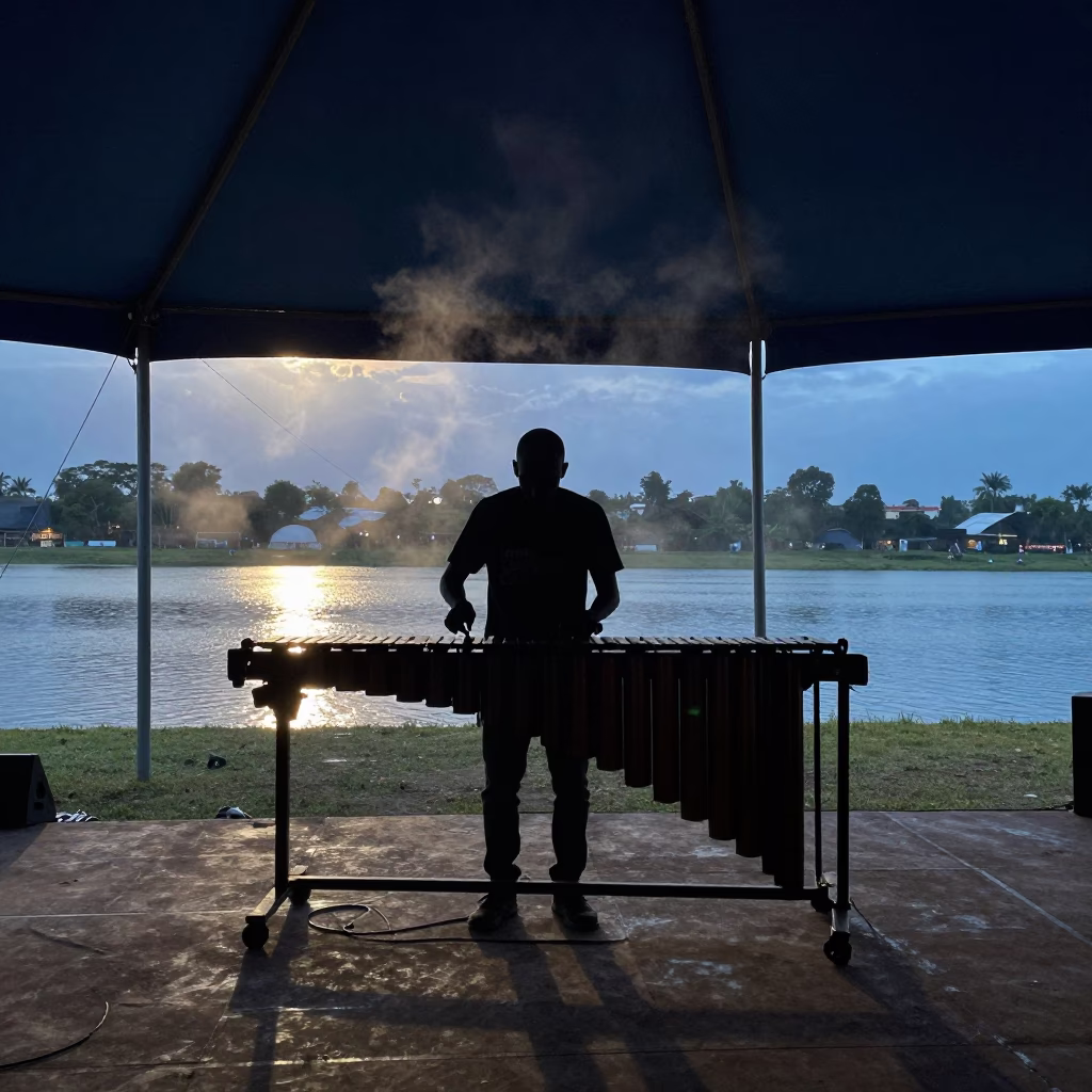 Silhouetted Marimba Player Under Dessie Tent in under a circus tent in Dessie