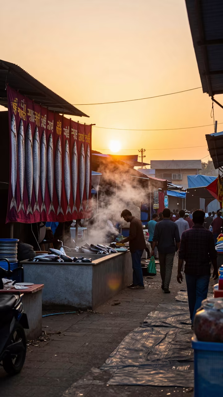 Silhouetted Market Stall Sunset Amritsar in beside a fish counter in Amritsar