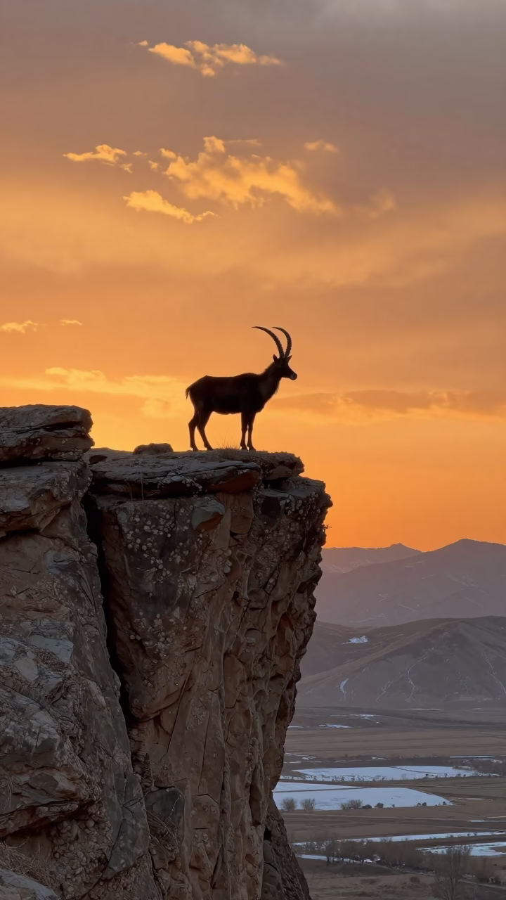 Silhouetted Markhor on Wind-Scoured Kashmir Cliff in on a wind-scoured ridge in Kashmir