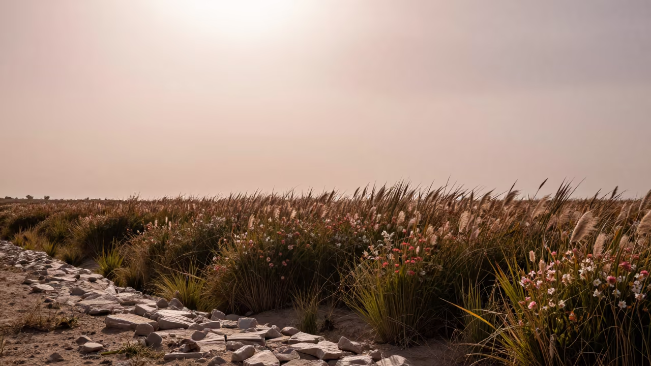 Silhouetted Marsh and Wildflowers at Dusk in along a wave-cut shoreline in Afghanistan