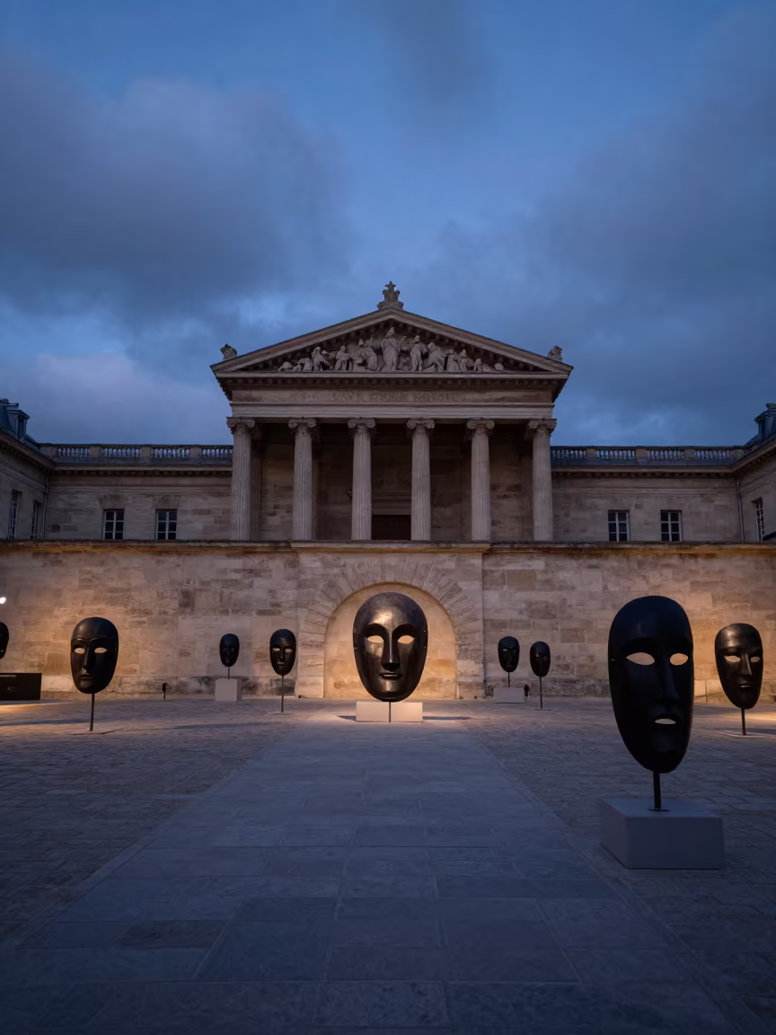 Silhouetted Masks in Paris Courtyard at Blue Hour in in a temple courtyard near Paris