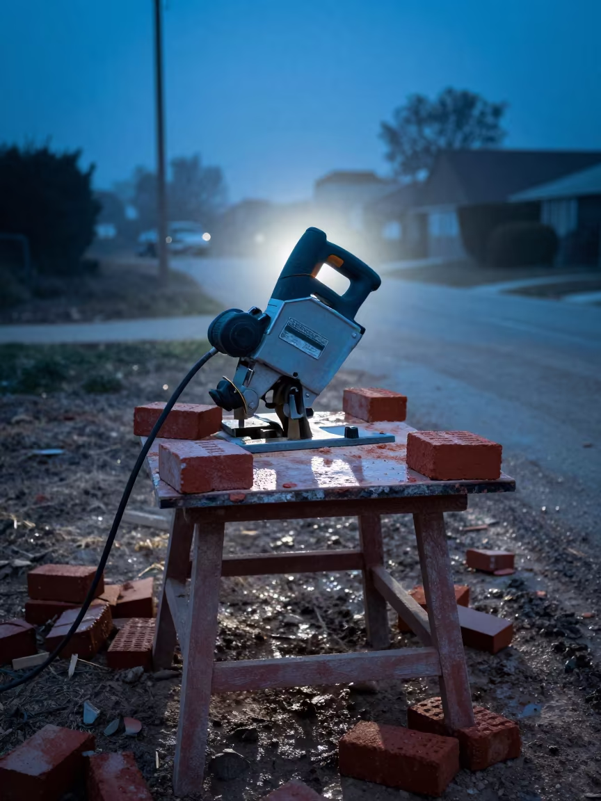 Silhouetted Masonry Saw at Winter San Diego Worksite in at a muddy site access road near San Diego