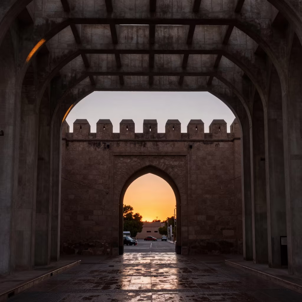Silhouetted Medieval Gate in El Paso Lobby in inside a ribbed concrete lobby in El Paso