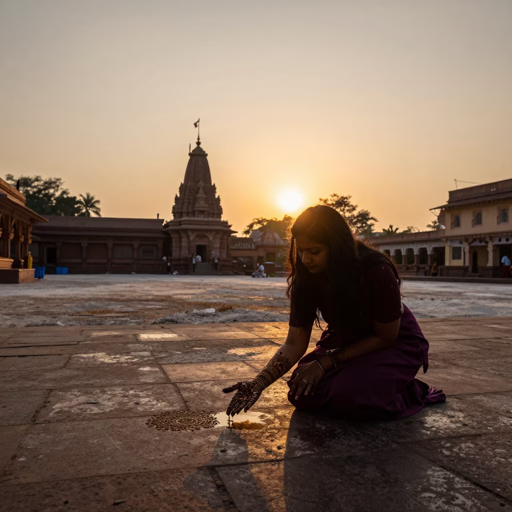 Silhouetted Mehndi Artist at Sunset in Mumbai Temple Courtyard in in a temple courtyard near Juhu, Mumbai