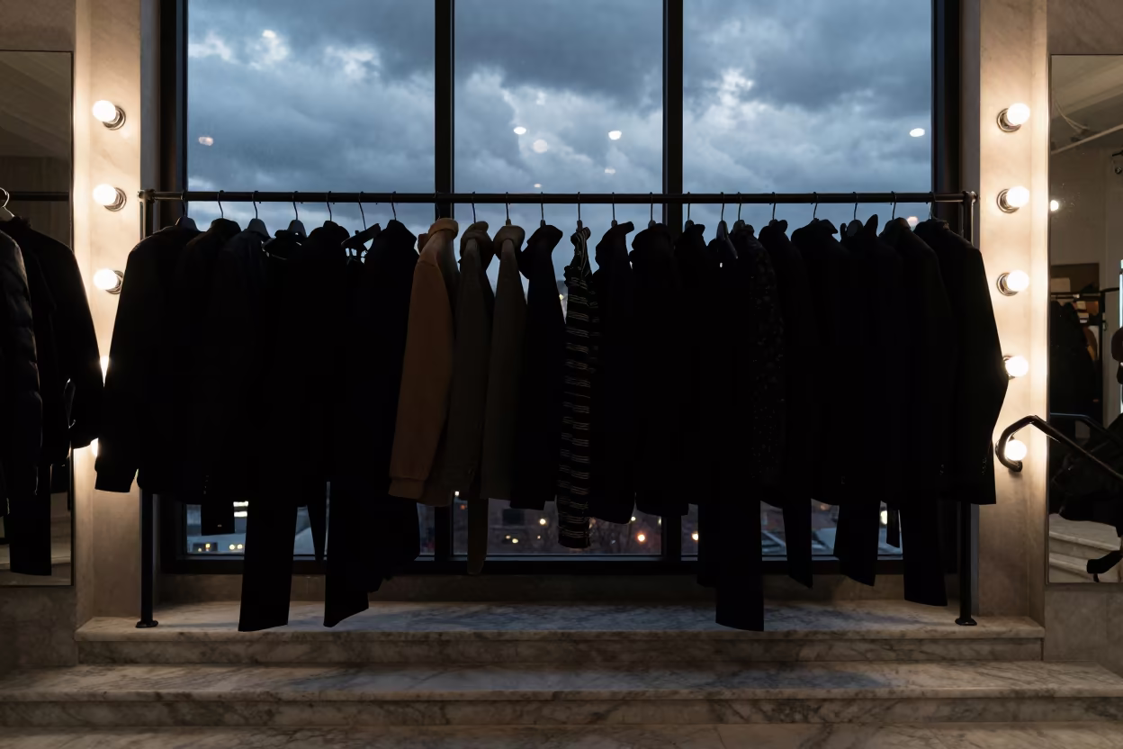 Silhouetted Menswear Rail Beside Marble Stairs Harlem in beside a mirror lined with makeup bulbs in Harlem, New York