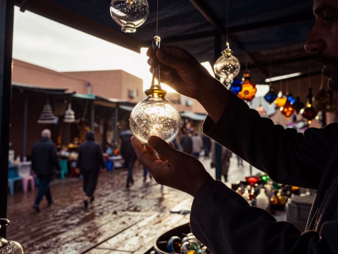 Silhouetted Merchant Glass Ornaments Souk Marrakech in under a market canopy in Jemaa el-Fna, Marrakech