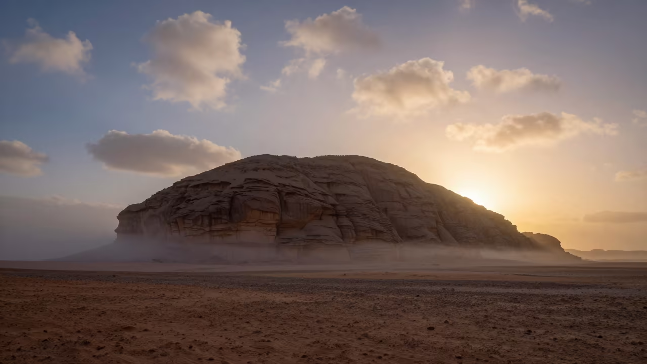 Silhouetted Mesa Dawn Mist Tunisia Desert in in Tunisia