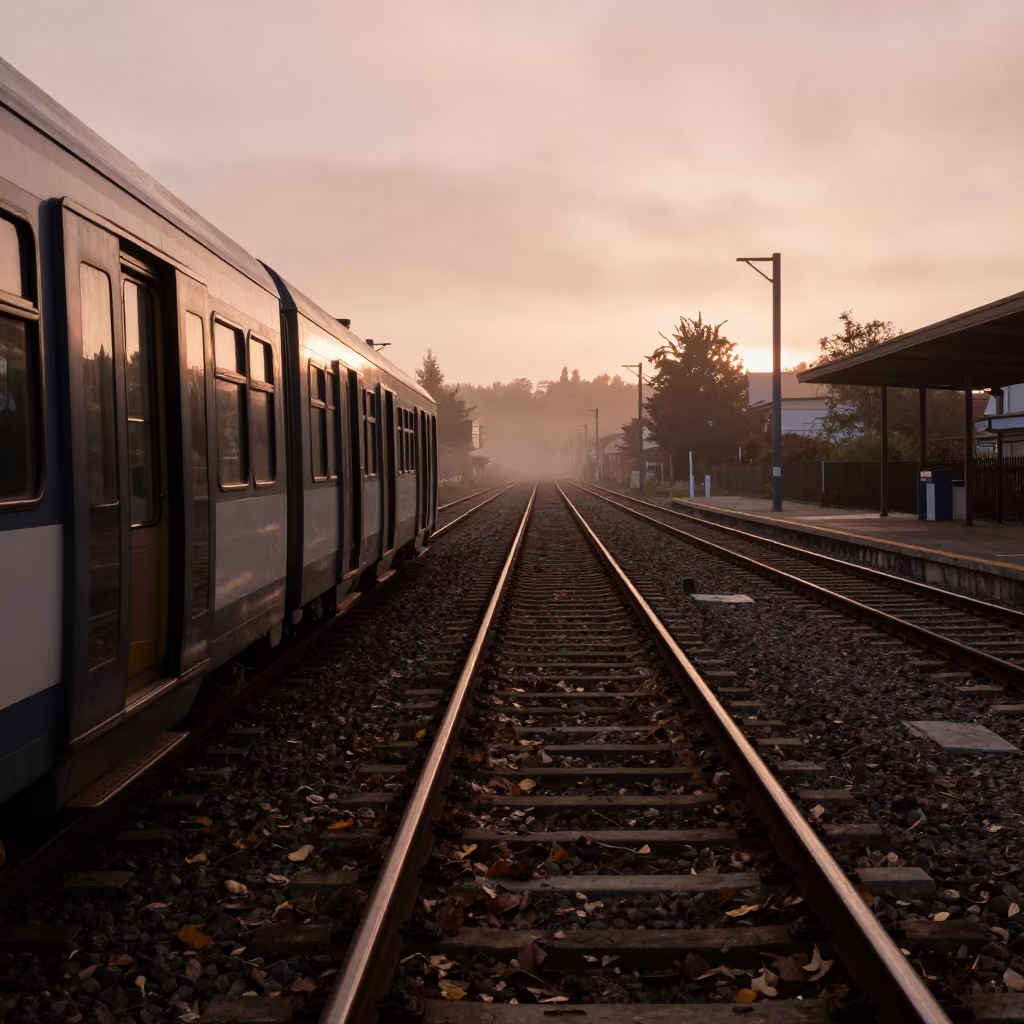 Silhouetted Metro Train on Galicia Switchback in along a switchback approach in Galicia