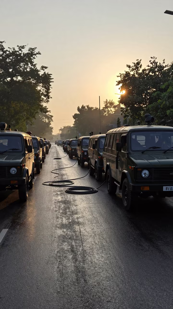 Silhouetted military convoy at dawn checkpoint Punjab in at a checkpoint lane in Punjab