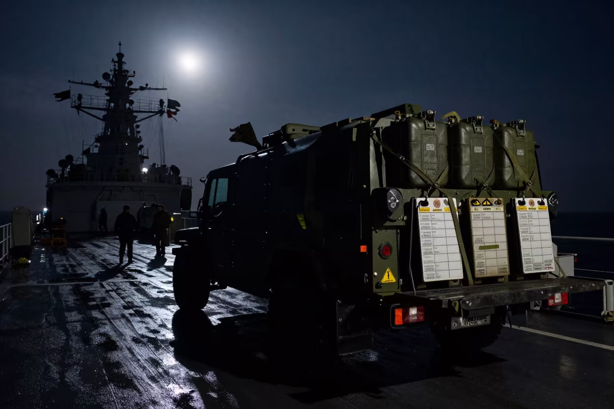Silhouetted Military Convoy Night Naval Deck in on a naval deck in rough wind near Irapuato