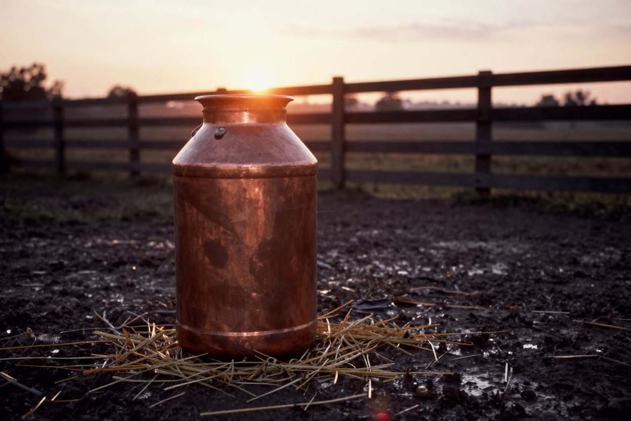 Silhouetted Milk Filter Bin at Ecuador Paddock Fence in along a muddy paddock fence in Ecuador