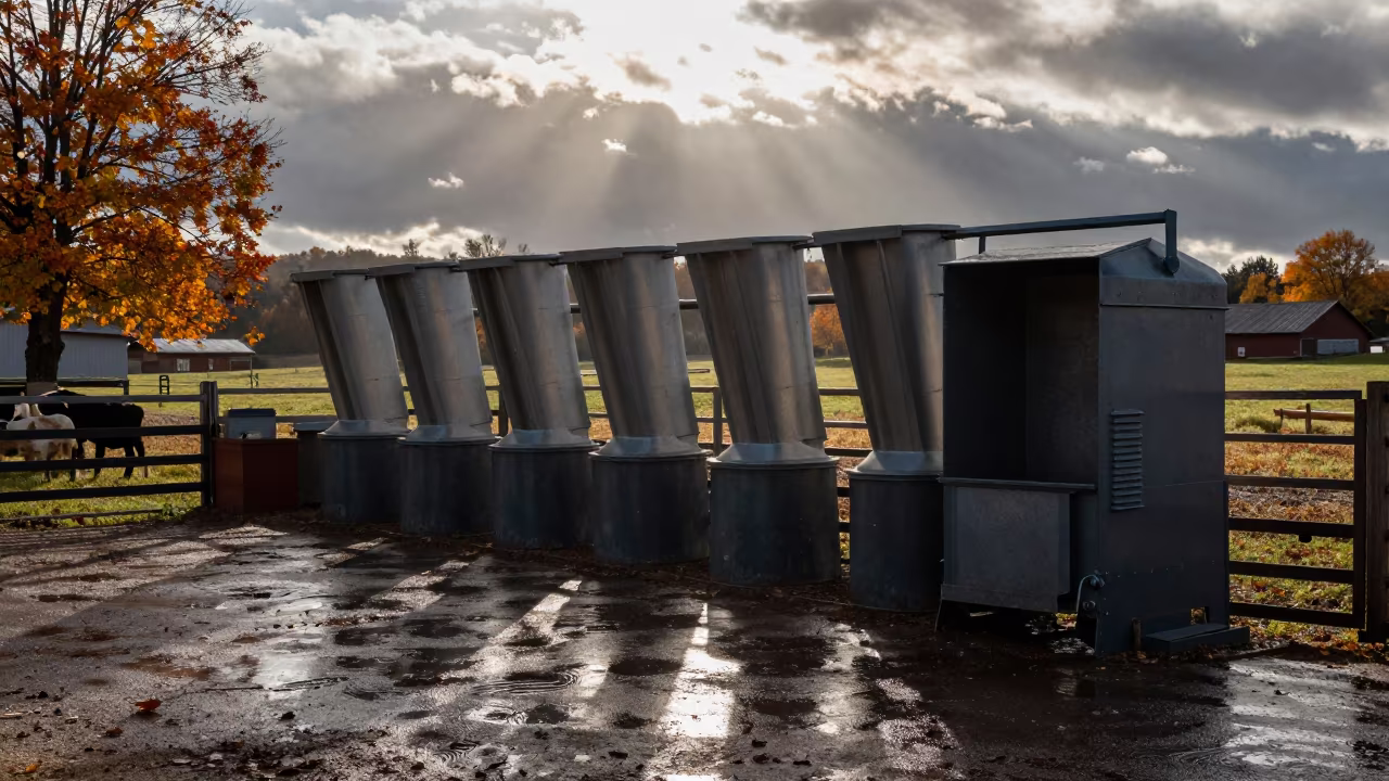 Silhouetted Milk Filter Bins in Austrian Ranch Corral in inside a ranch corral in Austria