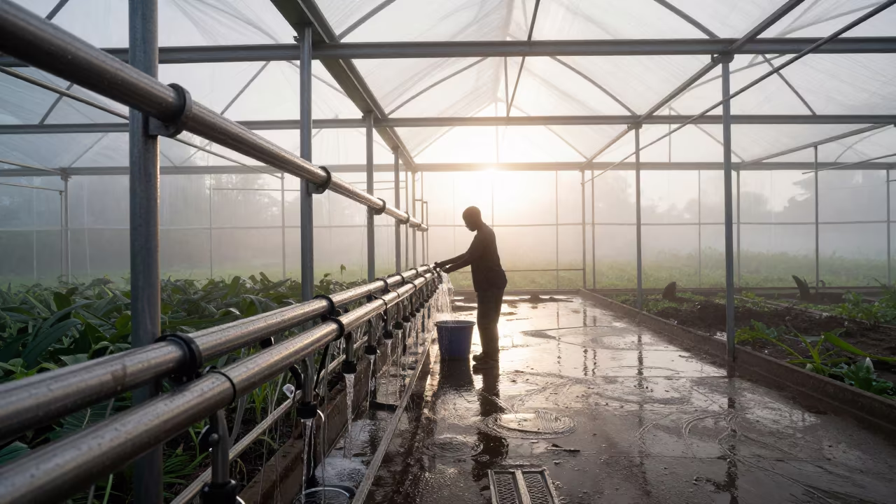 Silhouetted Milking Lane at Dawn in CAR in inside a humid greenhouse aisle in Central African Republic