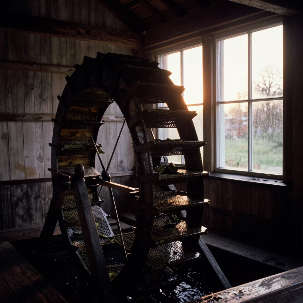 Silhouetted Mill in Tallinn Drying Room in inside a leaf-drying room lined with mesh trays in Tallinn
