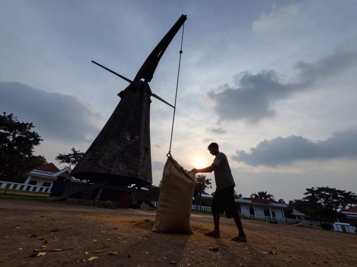 Silhouetted Miller Loads Grain Sacks on Windmill Hoist in across a formal civic plaza in Assam