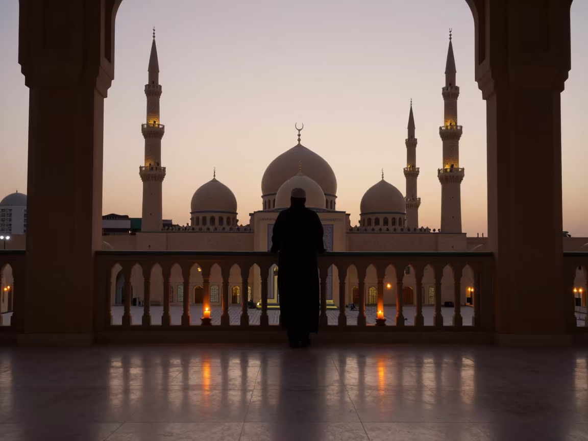 Silhouetted Minaret Balcony Sunset Prayer Hall in in a mosque prayer hall in Riyadh