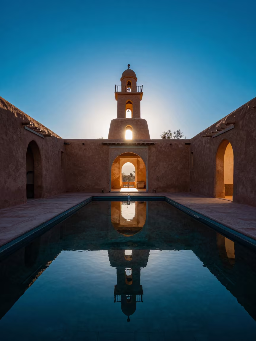 Silhouetted Minaret Reflecting in New Mexico Courtyard Pool in in a temple courtyard in New Mexico