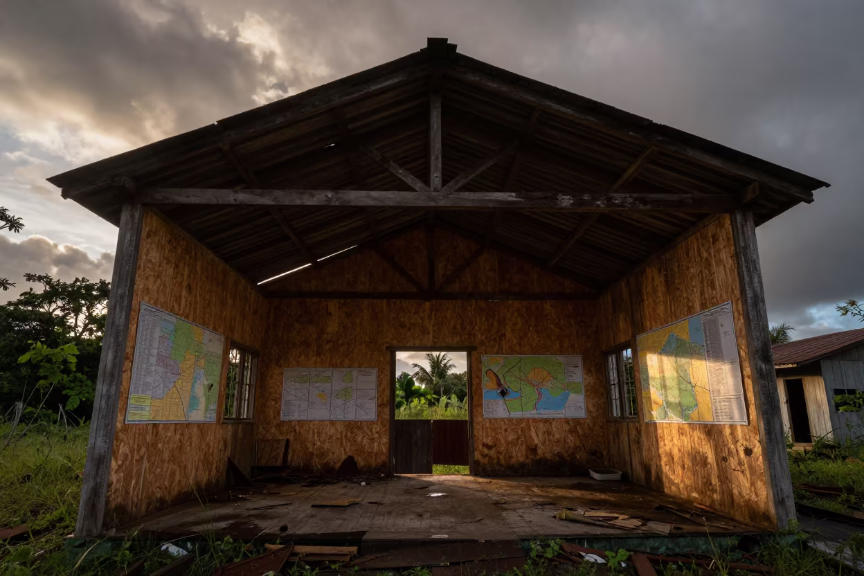 Silhouetted Mine Office Maps in Guyana Ruin in inside a roofless nave in Guyana
