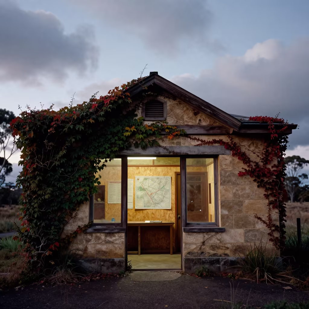 Silhouetted Mine Office Maps Against Twilight Ivy in beside ivy-draped masonry in New South Wales