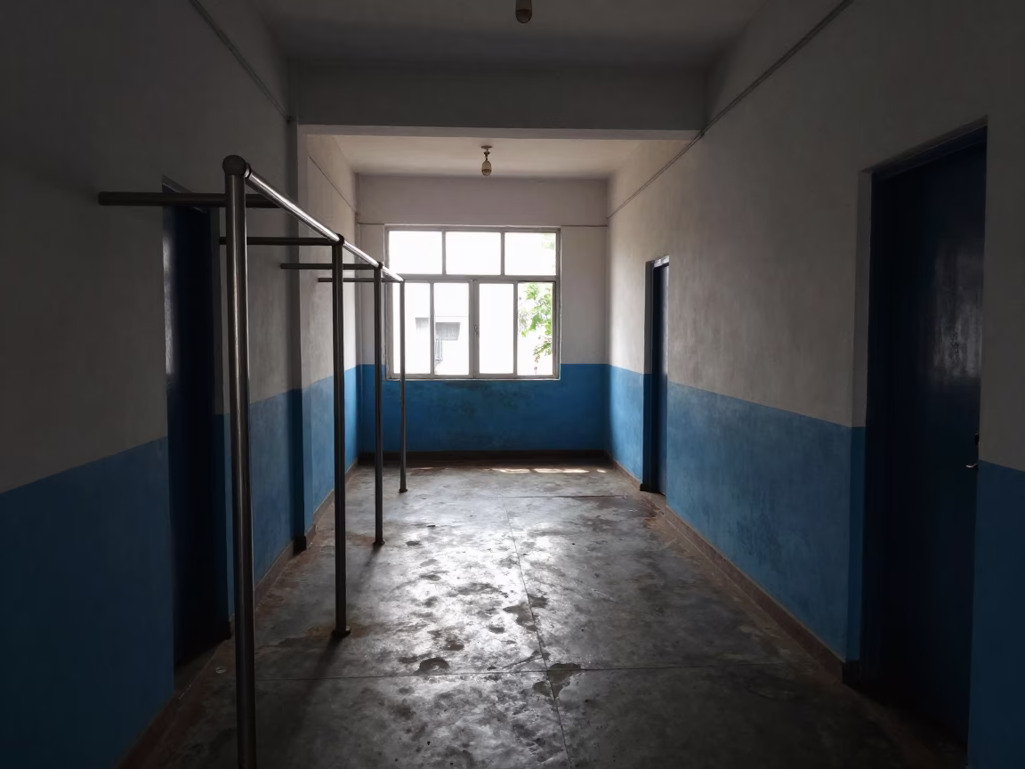 Silhouetted Mirror Pole Rack in Barracks Corridor in inside a barracks corridor in Visakhapatnam