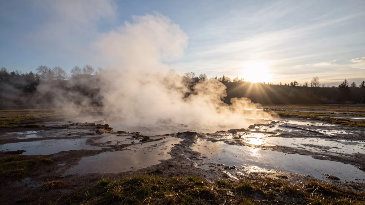 Silhouetted Mist Rising from Winter Hot Spring in across a floodplain after rain near Cologne