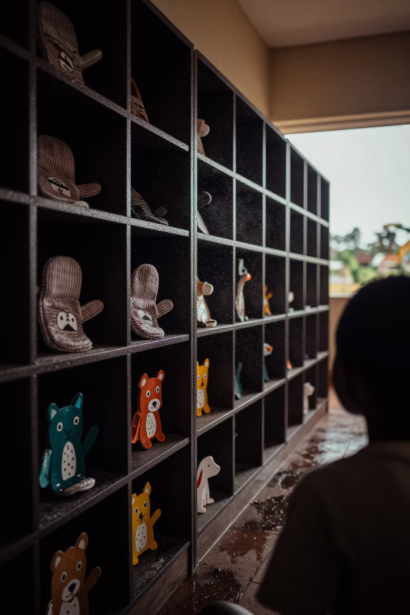 Silhouetted Mittens on Kumasi Preschool Cubby Wall in in a lecture hall before the crowd arrives in Kumasi