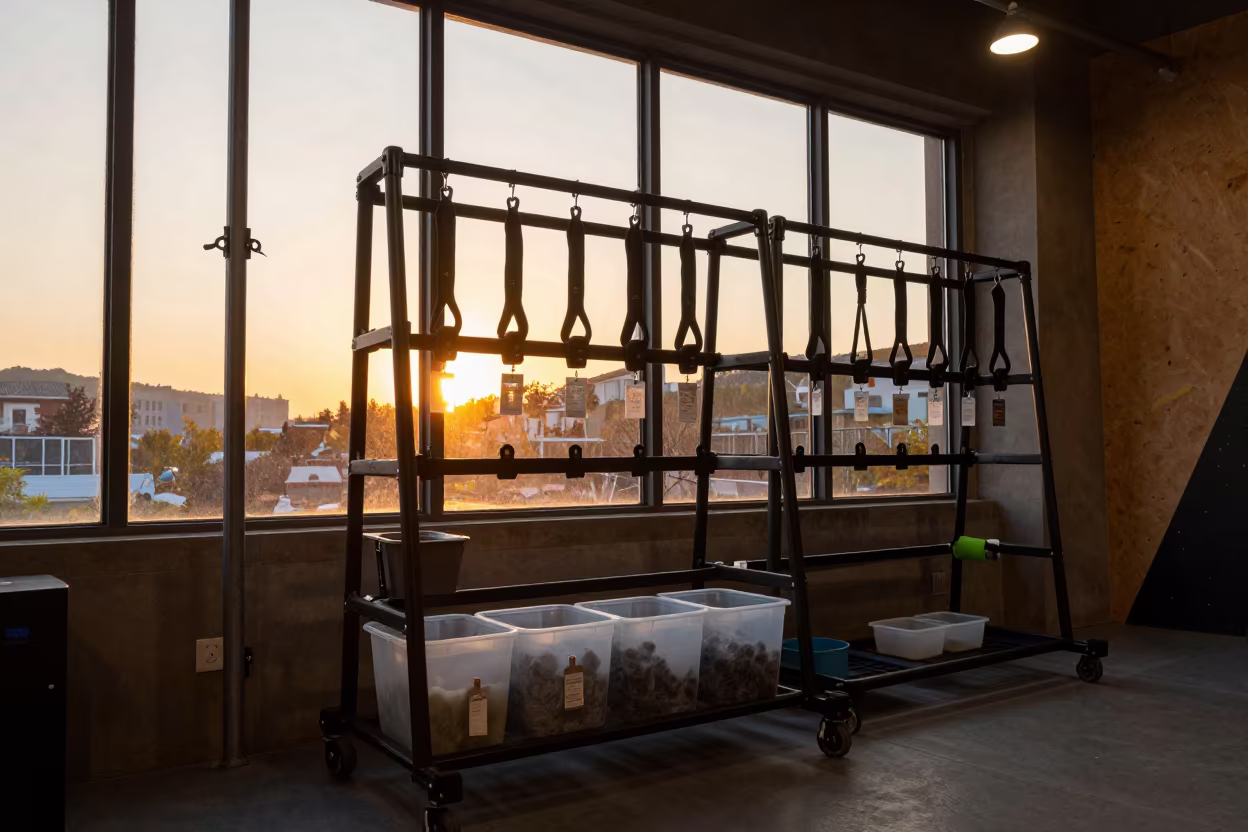 Silhouetted Mobility Band Wash Rack at Sunset in inside a climbing gym warmup zone near Daejeon