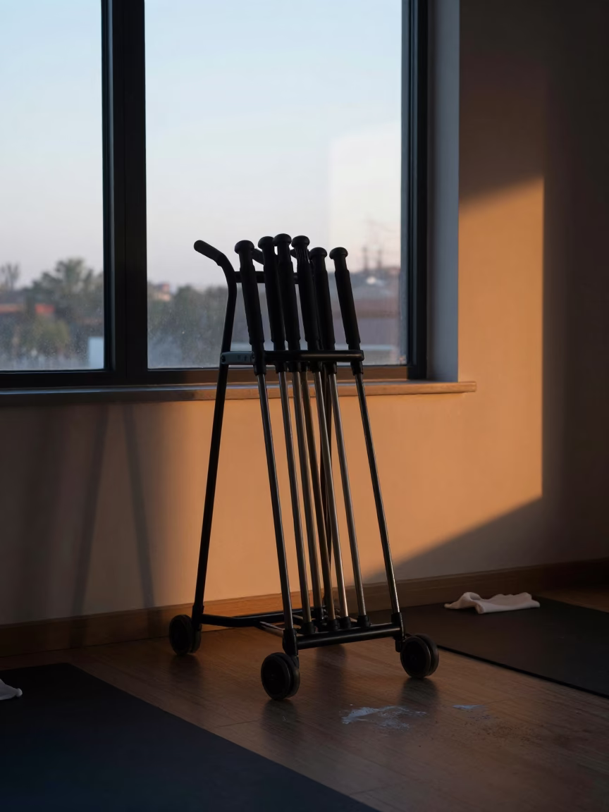 Silhouetted Mobility Rack in Autumn Studio Light in inside a yoga studio before the session begins in Olsztyn