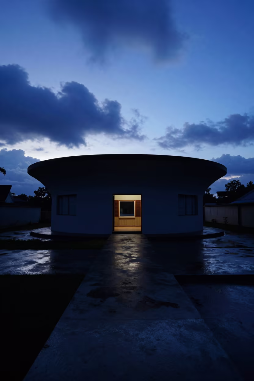 Silhouetted Modernist House in Twilight Passageway in inside a skylit passageway near Vizianagaram