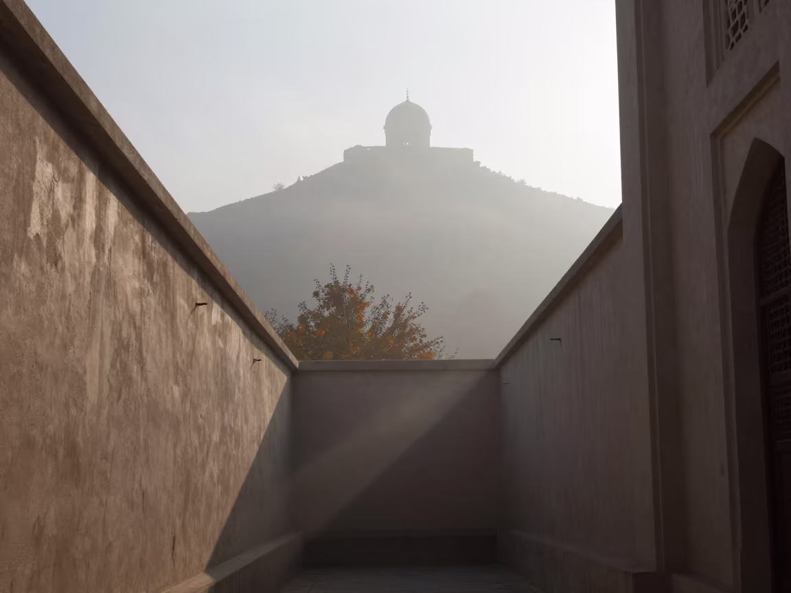 Silhouetted Monastery in Basra Morning Light in inside a quiet cloister passage in Basra