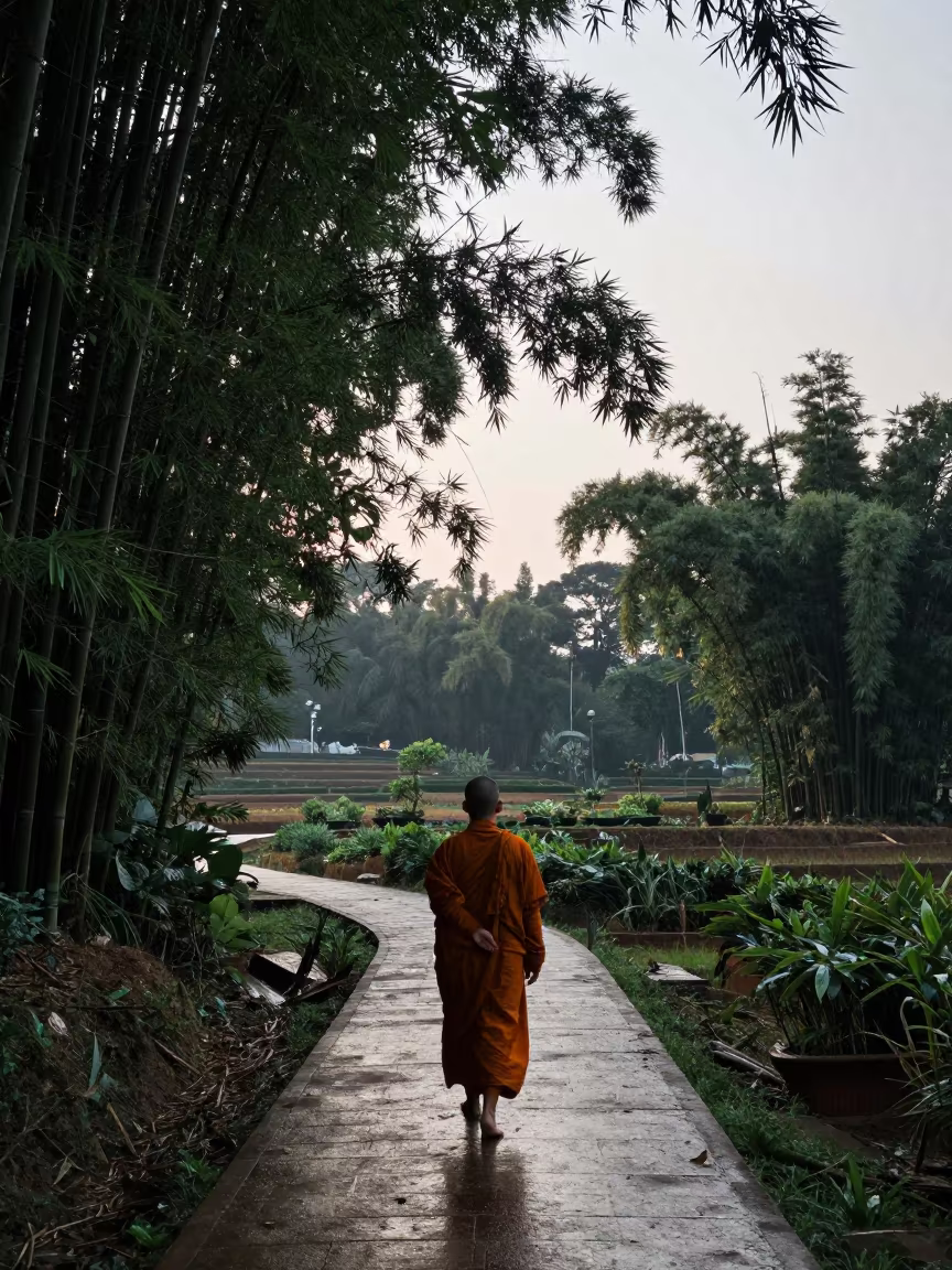 Silhouetted Monk on Bamboo Path at Dawn in among terraced garden plots near District 4, Ho Chi Minh City