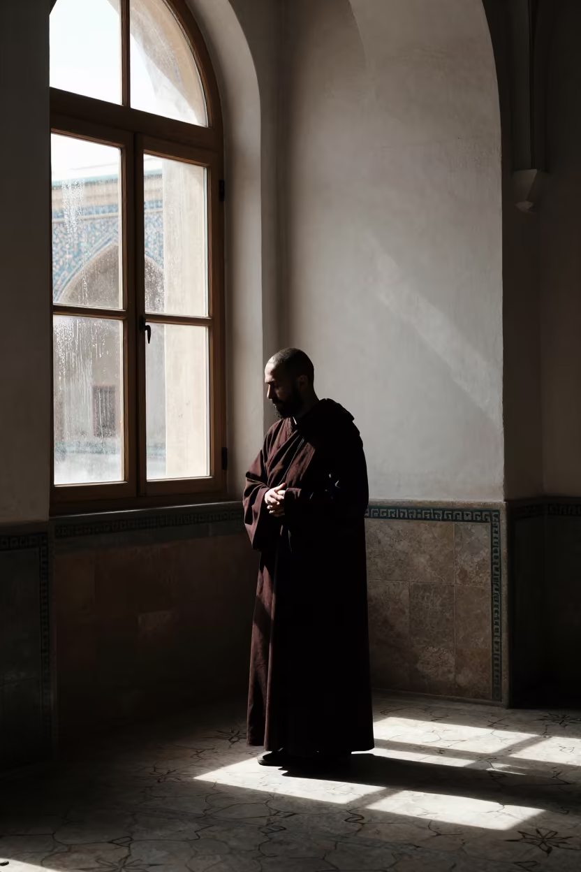 Silhouetted Monk in Isfahan Monastery Corridor in along a monastery corridor in Isfahan