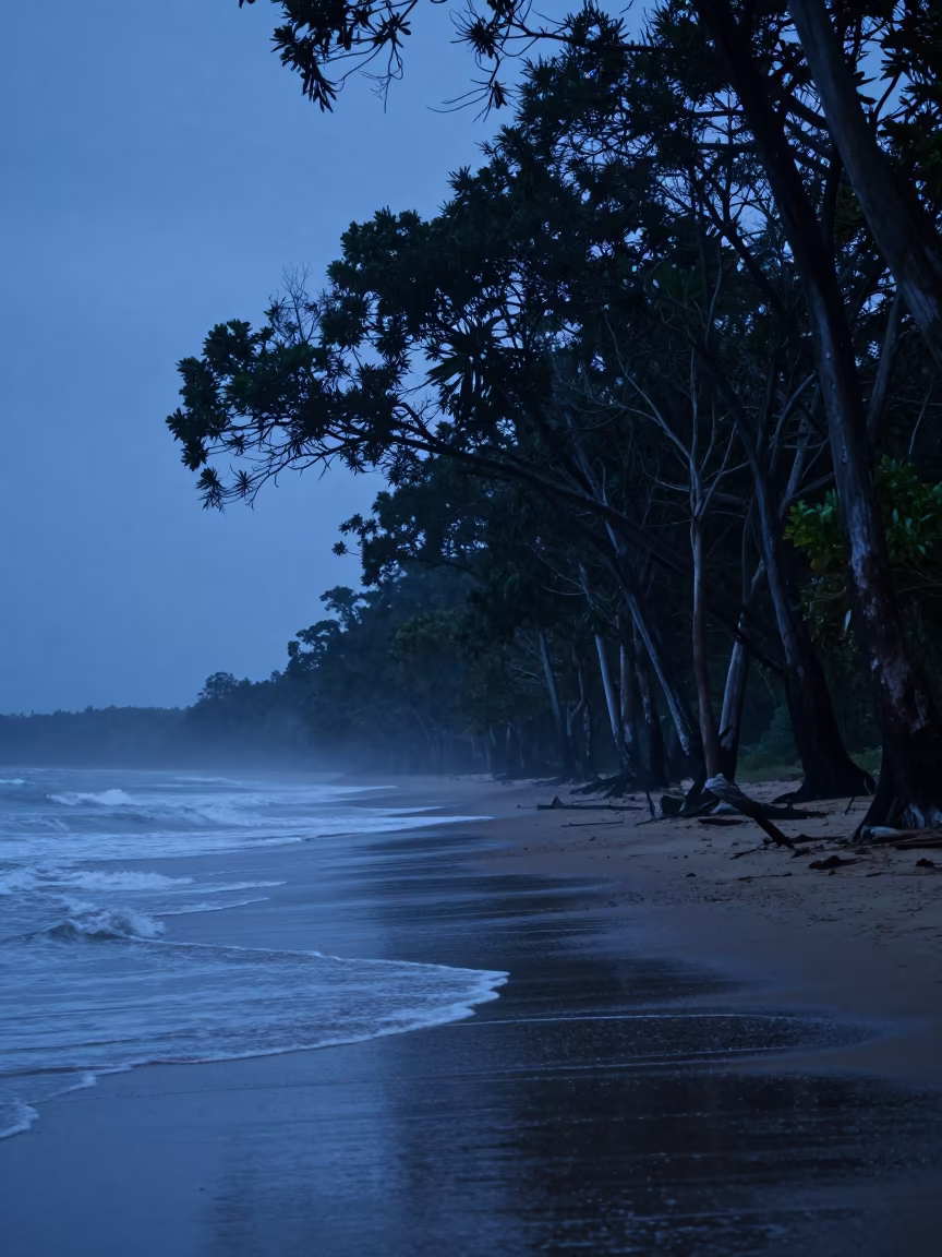 Silhouetted Monsoon Forest Queensland Shoreline in along a wave-cut shoreline in Queensland