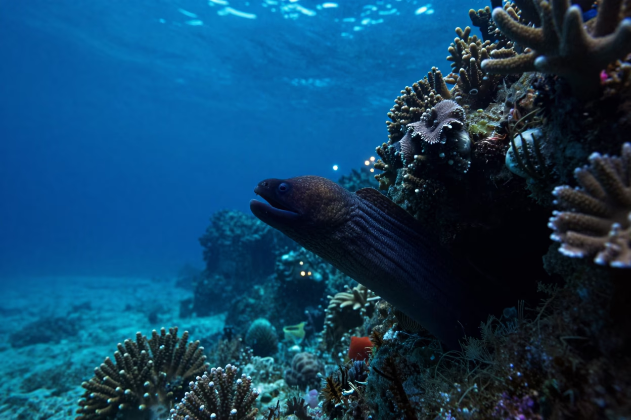 Silhouetted Moray Eel in Bali Blue Water in along a coral wall with blue water beyond near Denpasar