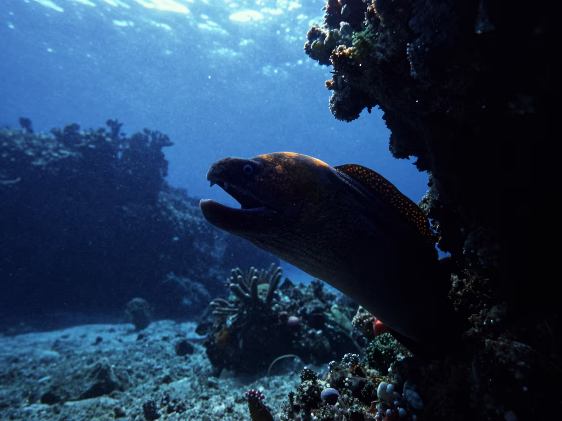 Silhouetted Moray Eel in Dawn Reef Light in beside a reef crevice under clear water near Stone Town