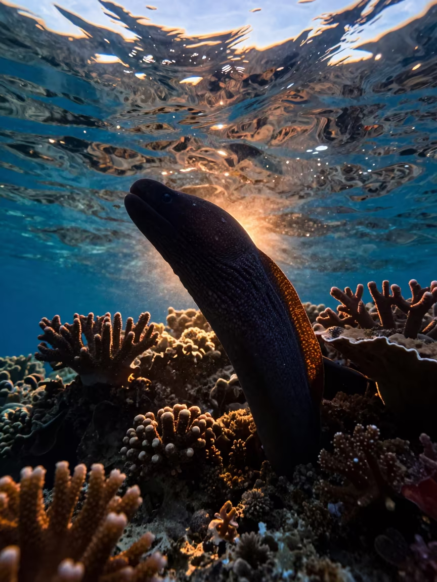 Silhouetted Moray Eel in Honeyed Belize Water in along a coral wall with blue water beyond near Belize City
