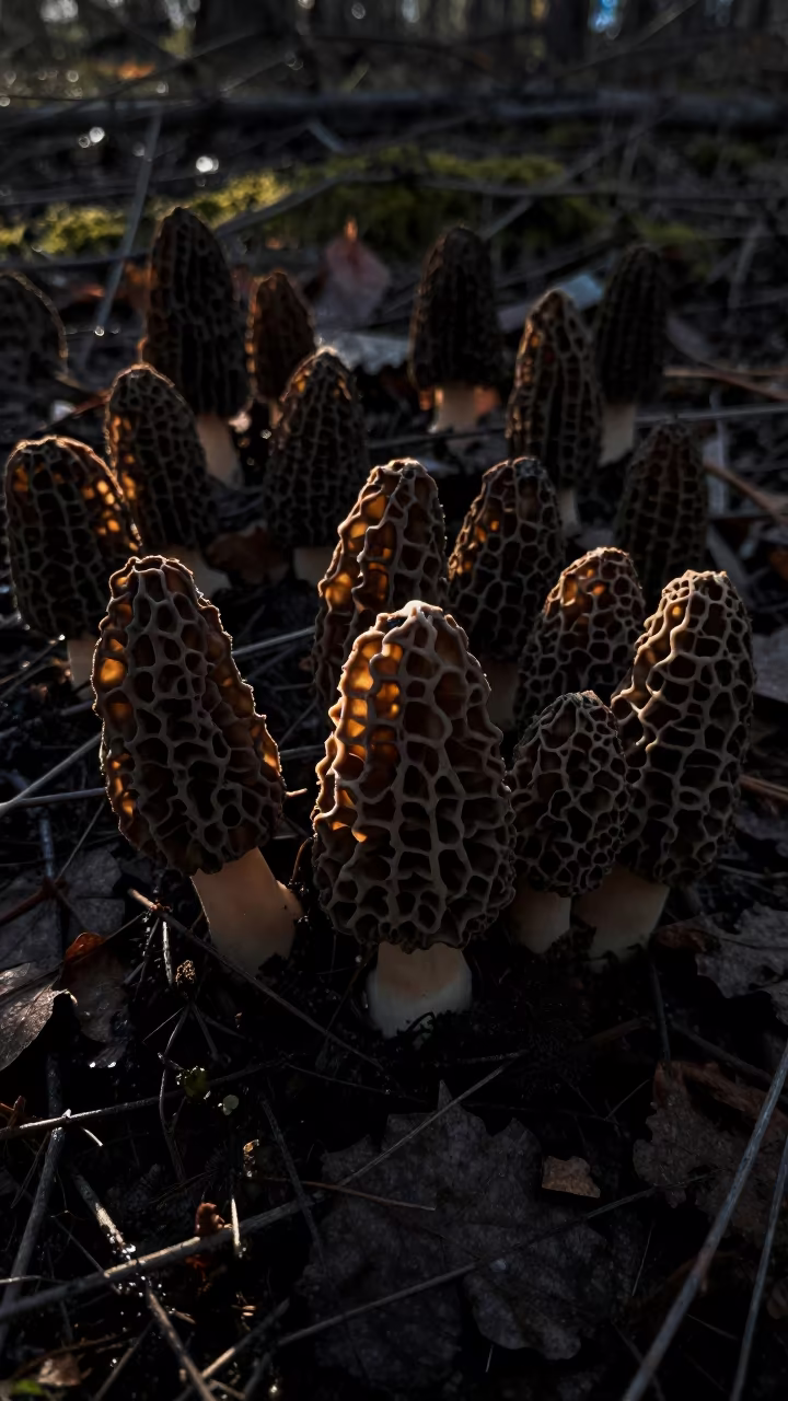 Silhouetted Morel Mushrooms Night Rim Light in in a bloom-heavy meadow near Espoo