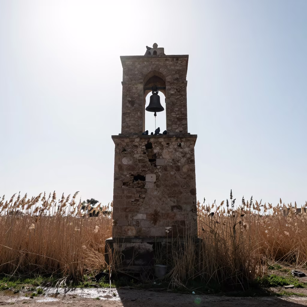 Silhouetted Moroccan Bell Tower with Nesting Pigeons in at the edge of a reed bed in Morocco