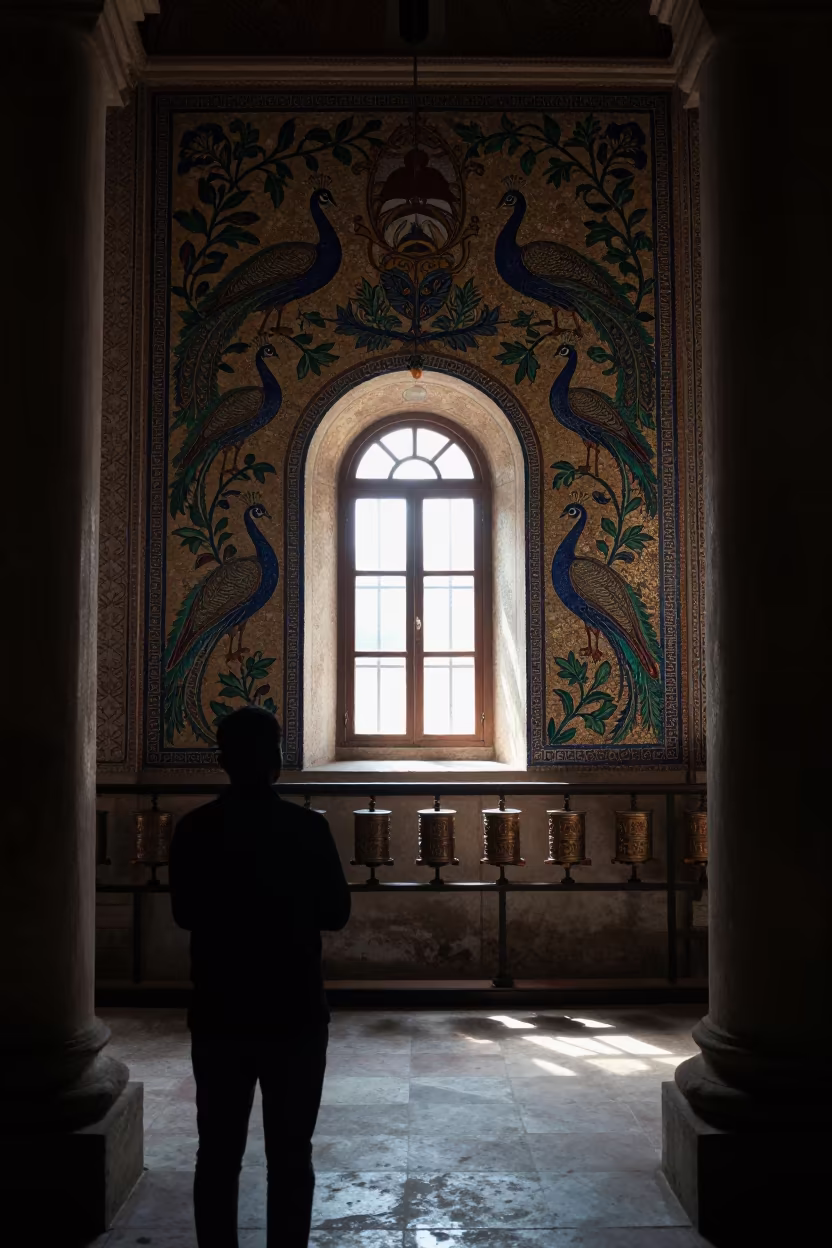 Silhouetted Mosaics in Sovabazar Basilica Narthex in beside a prayer wheel corridor in Sovabazar, Kolkata