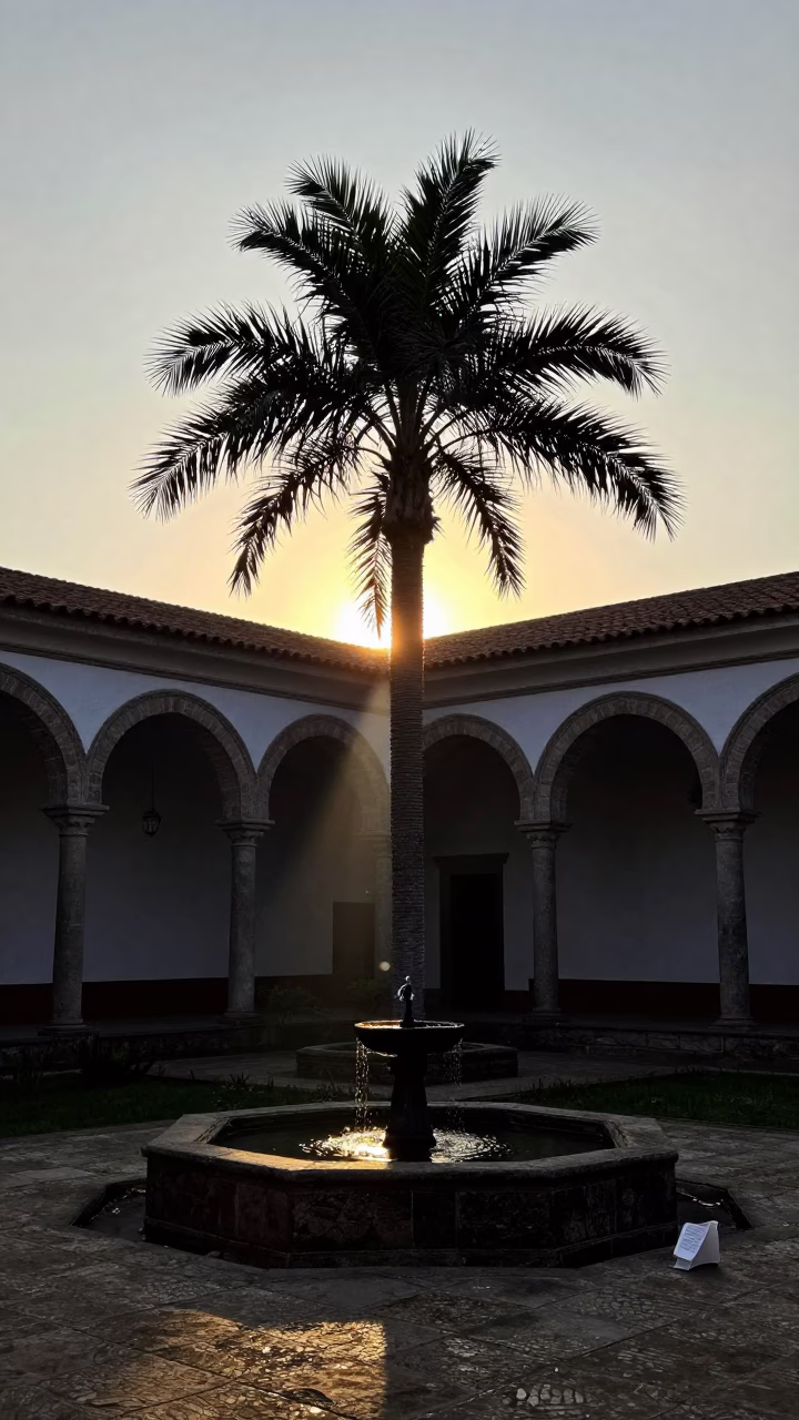 Silhouetted Mosque Fountain at Dawn in Peru in in a cloister garden in Peru
