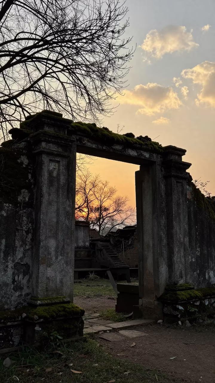 Silhouetted Mossy Garden Folly Ruin Dehradun in beneath a broken stone arch near Dehradun