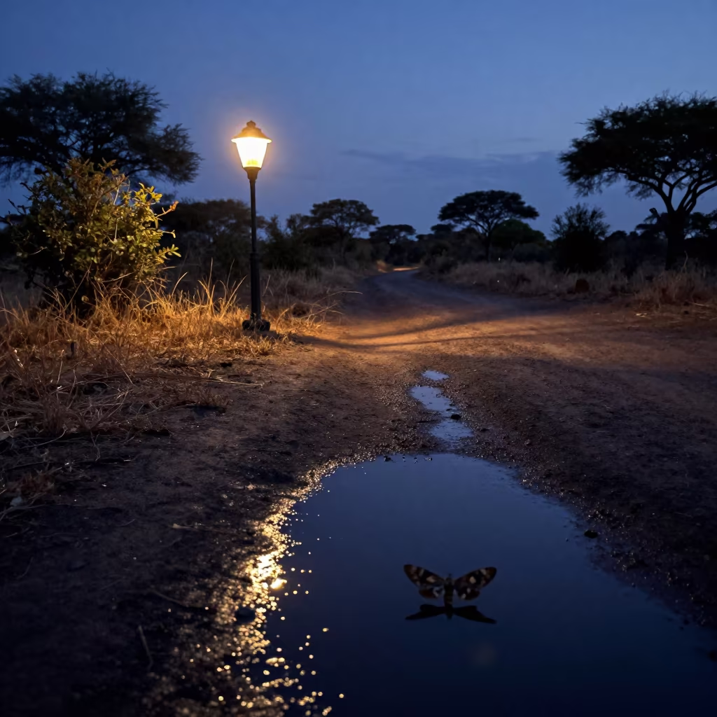 Silhouetted Moth Near Lamp on Botswana Trail in along a game trail in Botswana