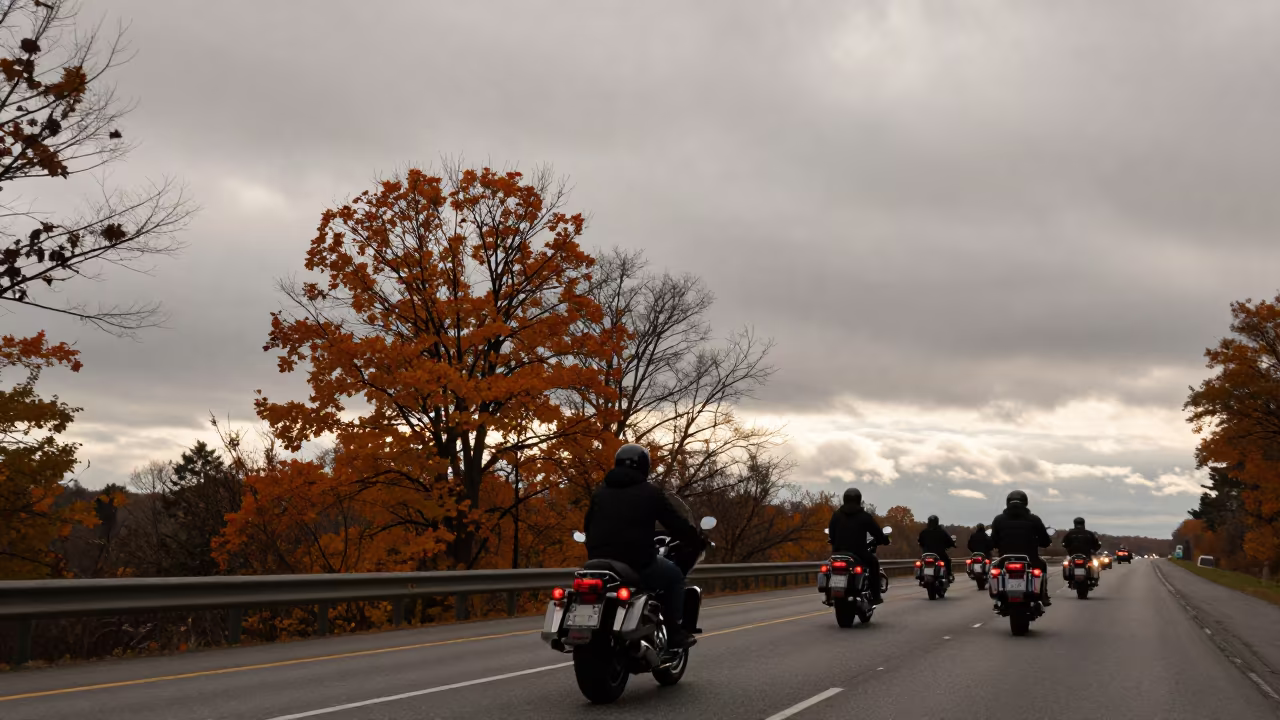 Silhouetted Motorcycle Convoy Ohio Coastal Sunset in in Ohio