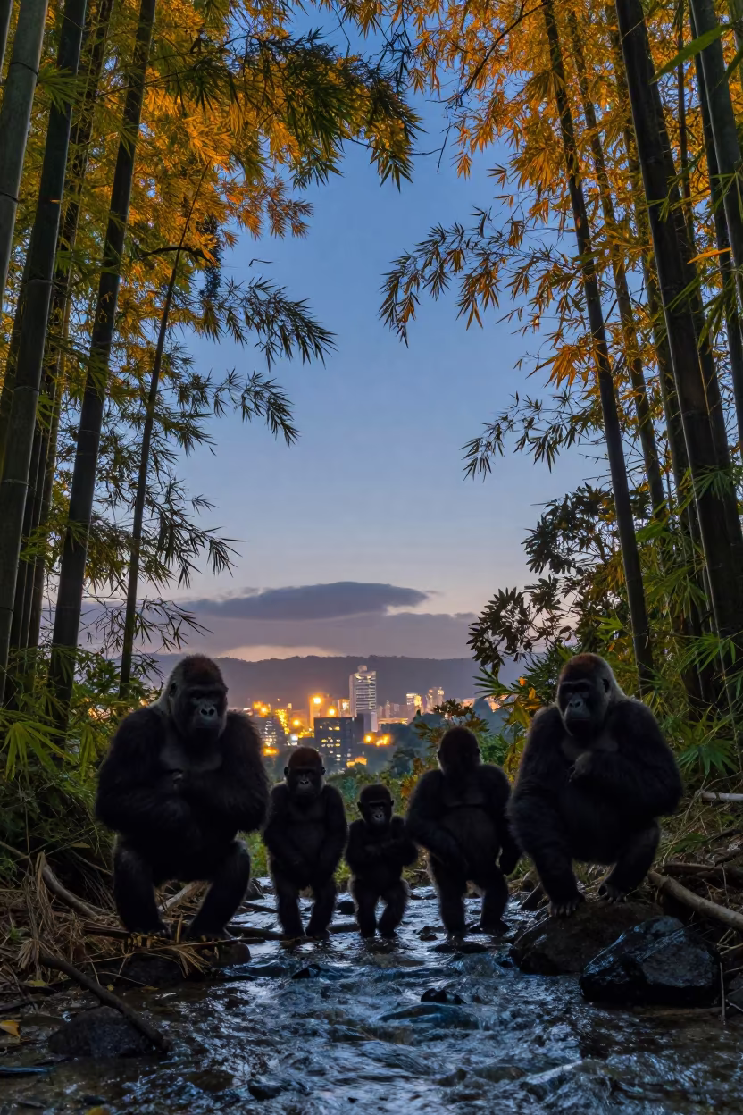 Silhouetted Mountain Gorillas in Malaysian Bamboo Forest in above a glacial stream in Malaysia