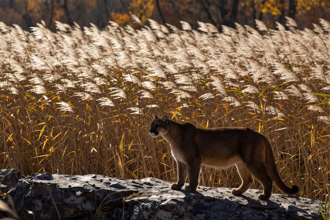 Silhouetted Mountain Lion on Georgia Ledge Amidst Wind in at the edge of a reed bed in Georgia