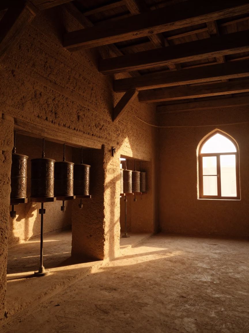 Silhouetted Mud Brick Mosque Cairo Evening Light in beside a prayer wheel corridor in Cairo