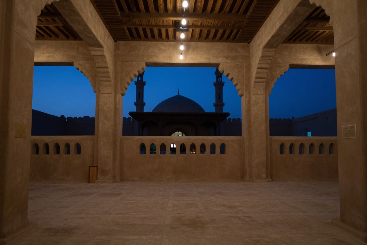Silhouetted Mud Brick Mosque Prayer Hall Evening in in a mosque prayer hall in Muscat